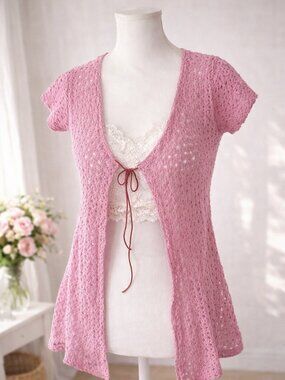 Y2K Pink Crochet Tie Front Cardigan Coquette Balletcore Sheer Knit Top